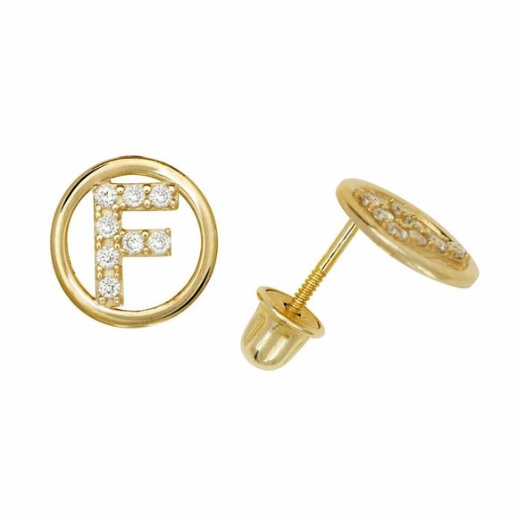 14K Solid Yellow Gold 8mm Letter Initial Halo CZ Stud Alphabet Earrings - Picture 7 of 15